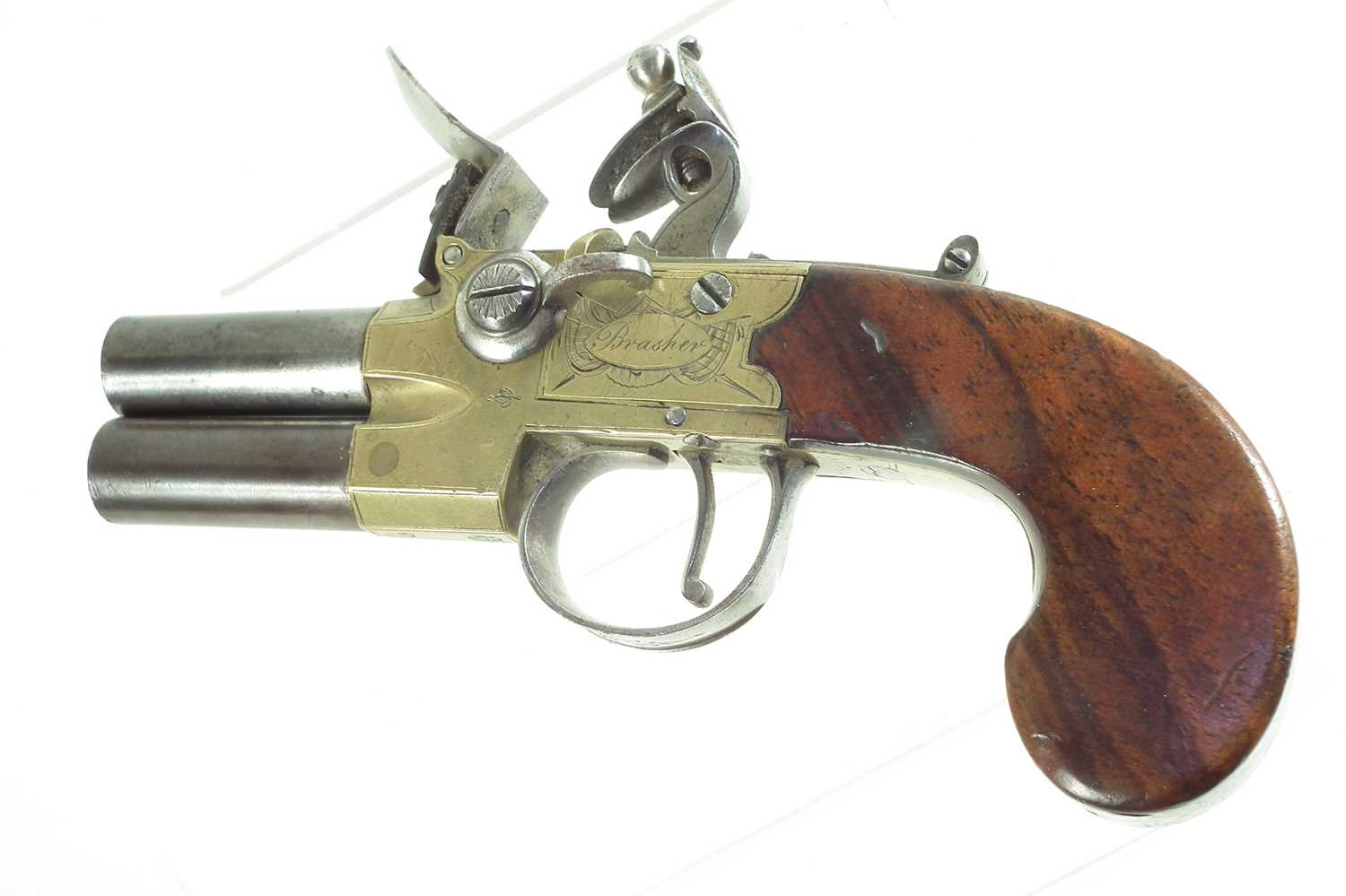 Flintlock double barrel pistol by Brasher of London - Image 3 of 7