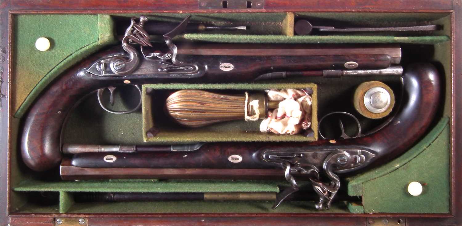 Matched pair of Flintlock dueling pistols by Wogdon and Barton London.