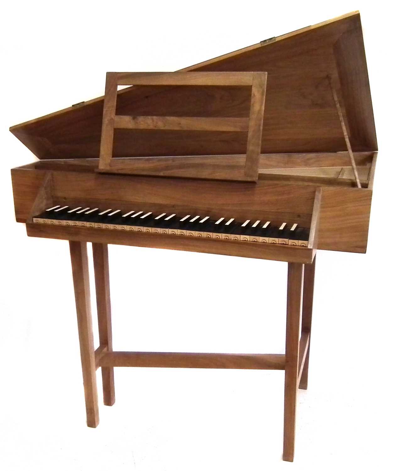 Triangular spinet by John Storr built from a kit, walnut case with ebony and ivory faced keys 115cm