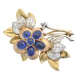 A mid 20th century sapphire and diamond brooch,