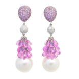A pair of sapphire, diamond and cultured pearl earrings,