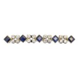 A sapphire and diamond bar brooch,