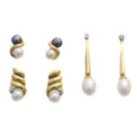 Three pairs of 9ct gold cultured pearl earrings,