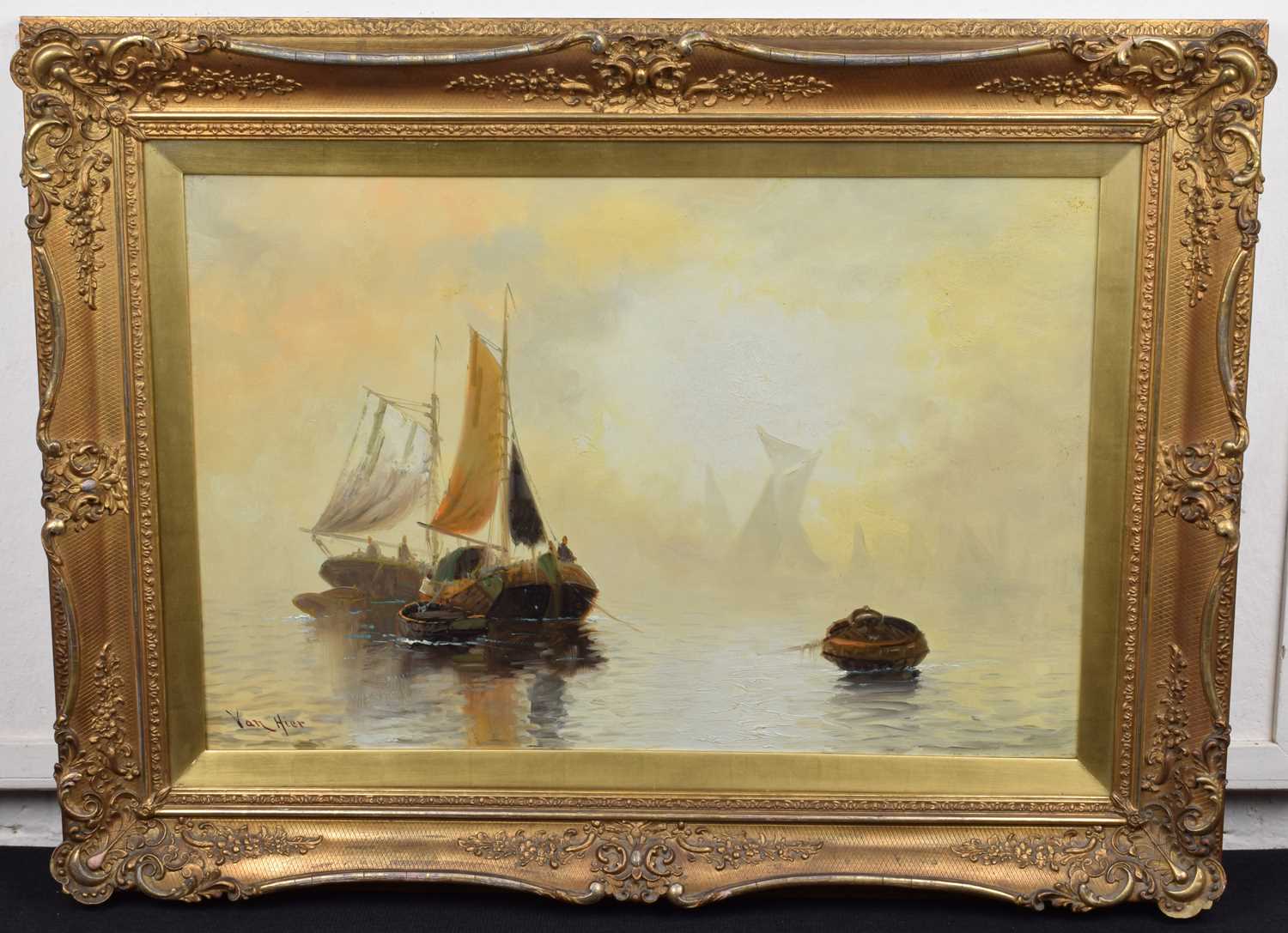 Joachim Hierschl-Minerbi (Van Hier) (Dutch 1834-1905) Moored fishing boats at dawn - Image 2 of 3