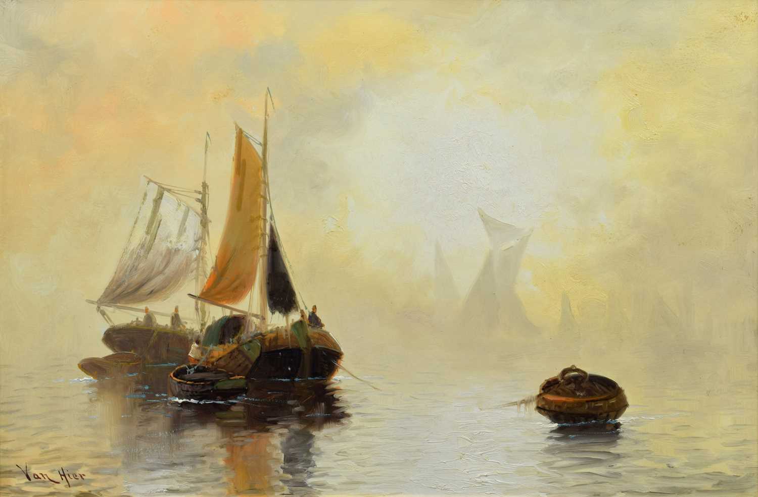 Joachim Hierschl-Minerbi (Van Hier) (Dutch 1834-1905) Moored fishing boats at dawn