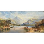 British School (19th/20th century) Mountainous lake landscape with figure in a small fishing boat in