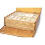 Square pine box with hinged lid containing eleven trays of microscope slides