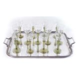 Thirteen Hock Glasses on plated tray