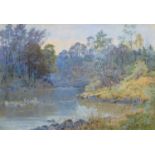 Charles L. Saunders (British 1855-1915) River scene with fisherman