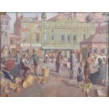 Style of Evelyn Mary Dunbar (British 1906-1960) Street scene with figures