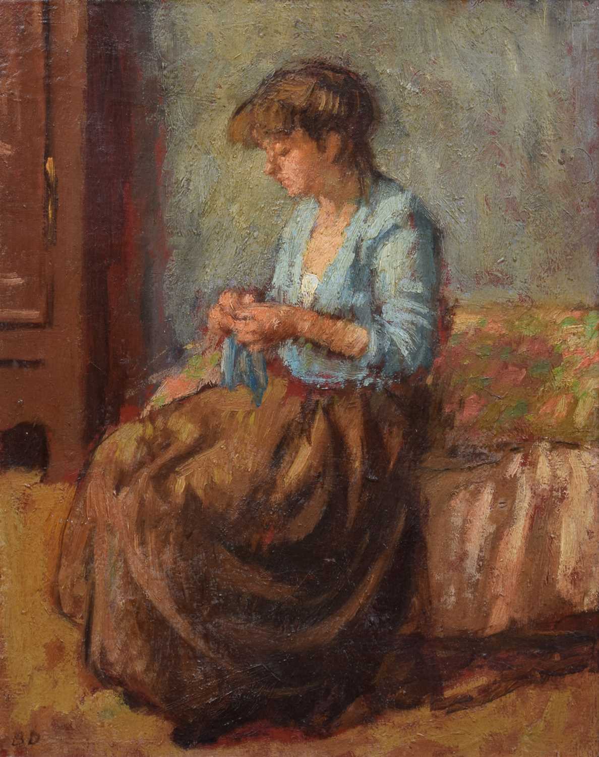 Bernard Dunstan R.A. (British 1920-2017) Seated lady sewing