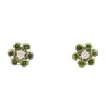 A pair of colour treated 'green' diamond and diamond cluster earrings,