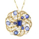 A sapphire, diamond and cultured pearl pendant,