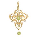 An early 20th century 15ct gold peridot and seed pearl pendant,