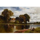 English School (19th century) Figures alongside a river with cattle watering
