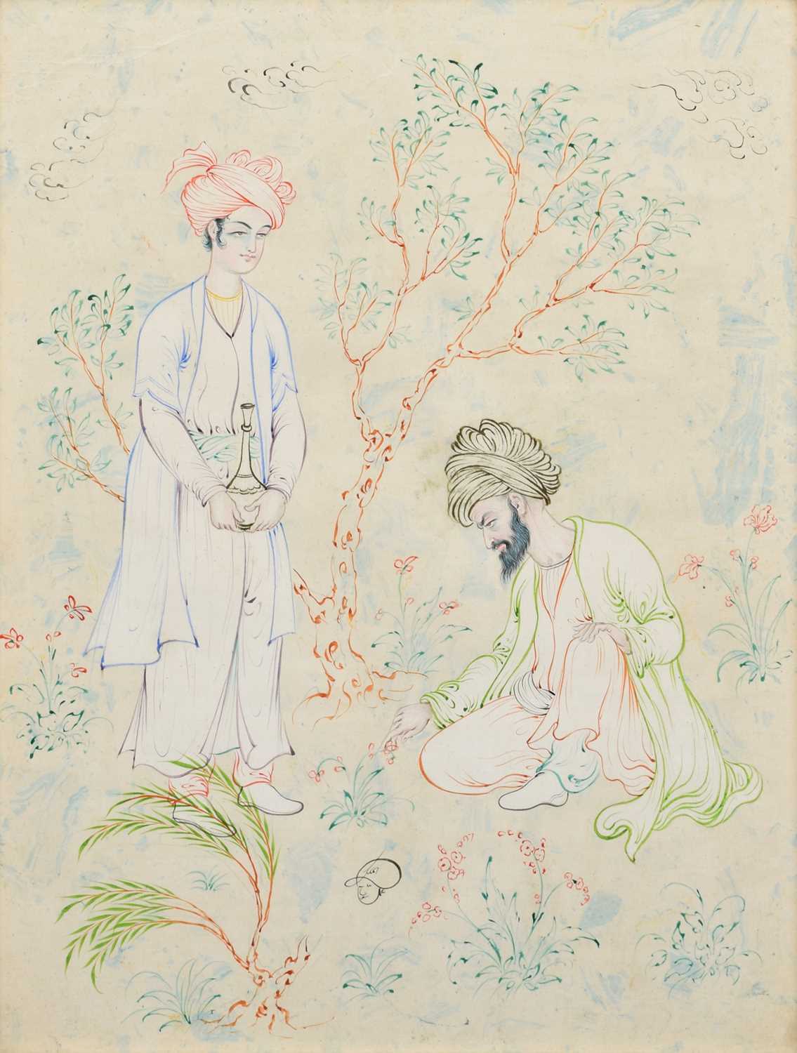 Indian School (19th century) Two turbaned figures in a garden