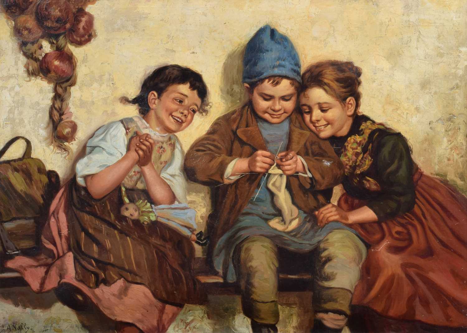 A. Vally (19th/20th century) Seated children knitting