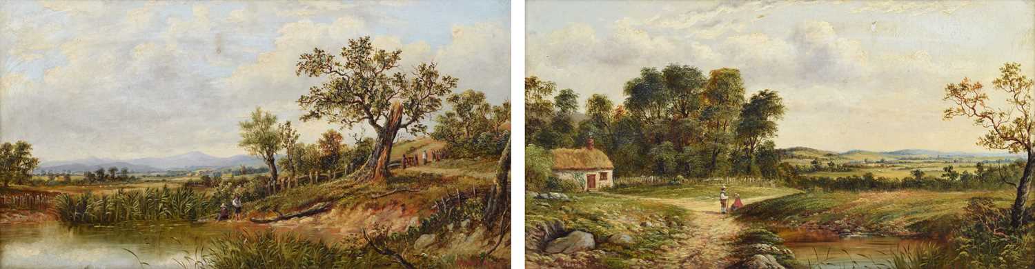 Moordale (19th century) Rural scenes with figures fishing and in conversation on a lane