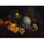 Attributed to Walter Richard Sickert (1860-1942) Still life of oranges, one cut, grapes, a vase and