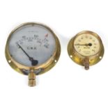 Two brass locomotive pressure gauges