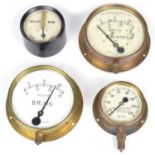 Three locomotive brass pressure gauges by Tomey, Birmingham and a weight bar