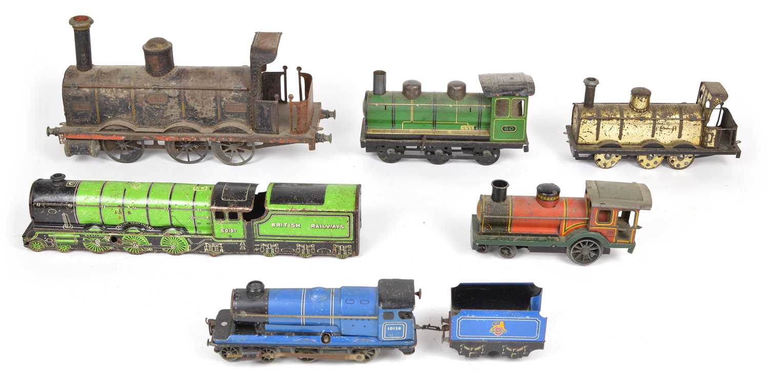 Collection of six wind up clockwork tinplate locomotives
