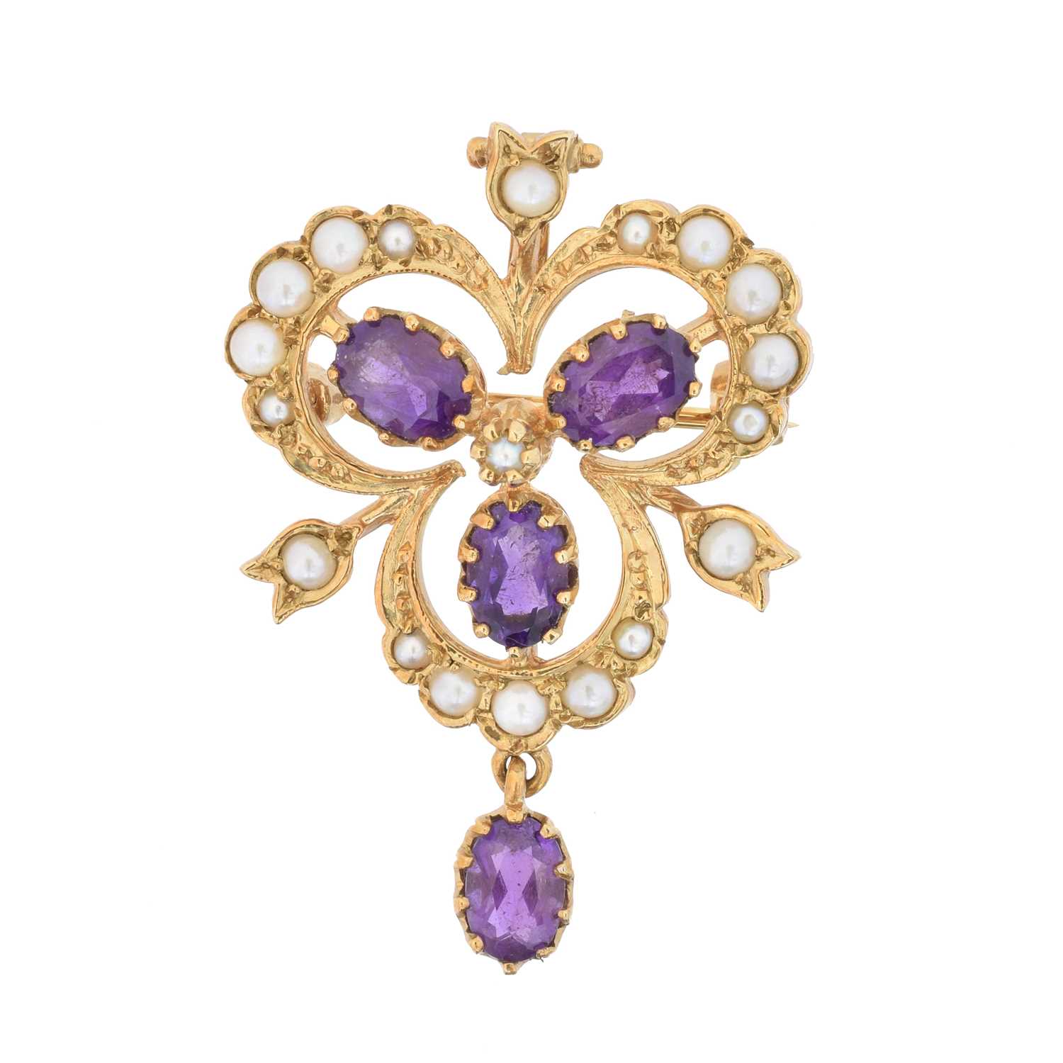 A 9ct gold amethyst and split pearl brooch,