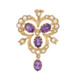 A 9ct gold amethyst and split pearl brooch,