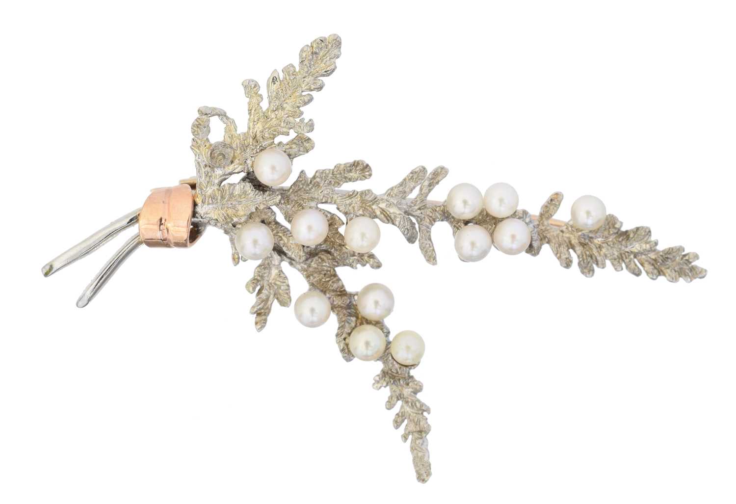 A 9ct gold cultured pearl heather spray brooch by Alabaster & Wilson,