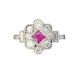 A ruby and diamond cluster ring,