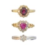 Three 9ct gold gem-set dress rings,