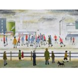 John Hanley (British 1947-) "The Local Derby" after L.S. Lowry, oil.