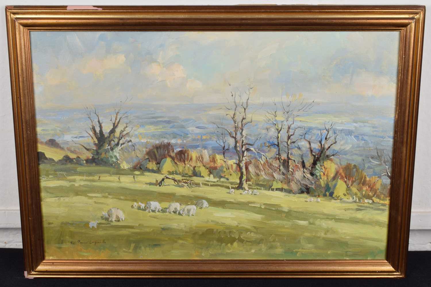 James Longueville P.S., R.B.S.A. (British 1942-) Rural scene with sheep grazing, oil. - Image 2 of 2