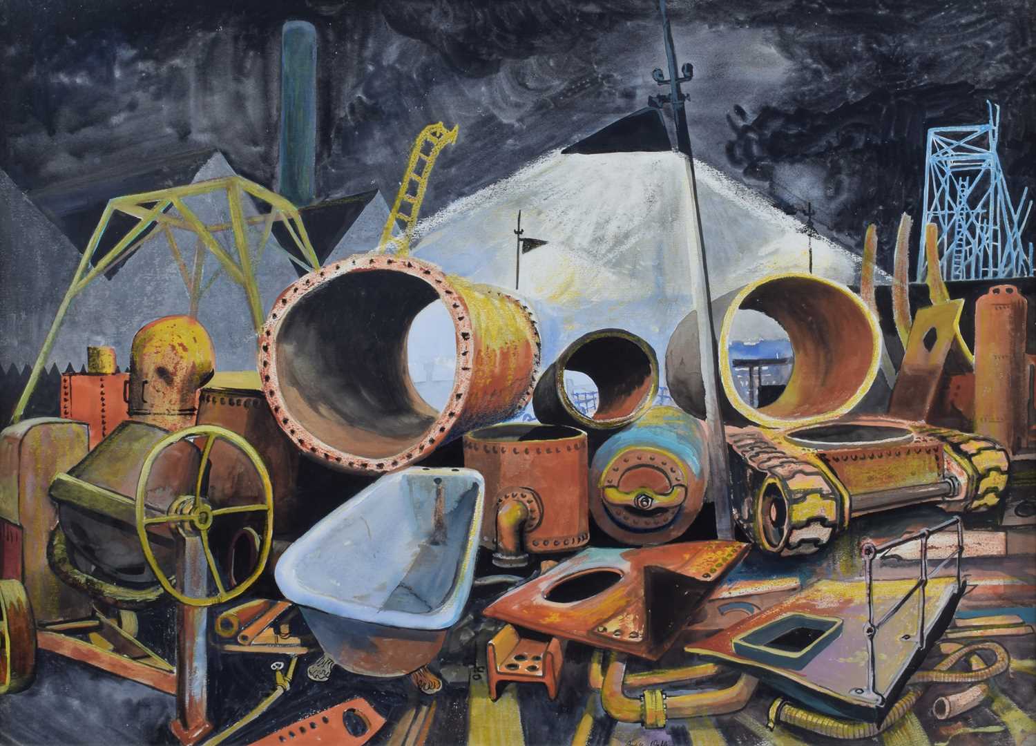 Charles Oakley (British 1925-2008) Scrapyard, gouache and crayon.