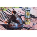 E. Anthony Orme (British 1945-) Still life of miners shoes and lamp, pastel.