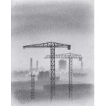 Trevor Grimshaw (British 1947-2001) "Northern Landscape with Cranes", graphite.