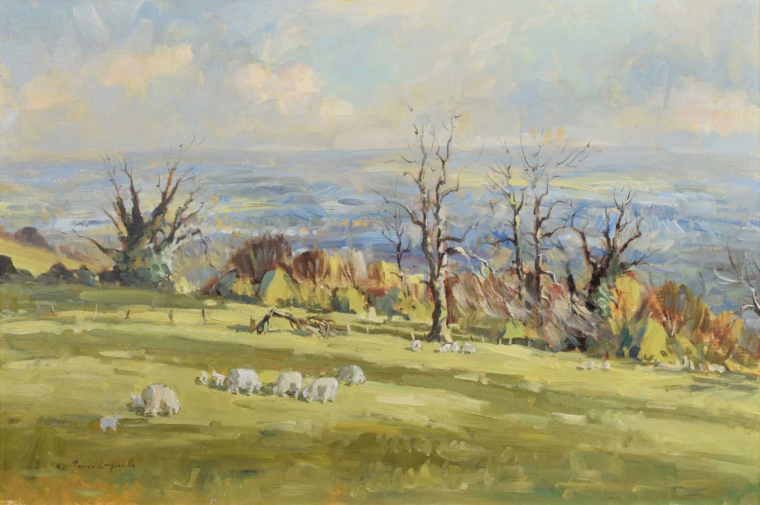 James Longueville P.S., R.B.S.A. (British 1942-) Rural scene with sheep grazing, oil.