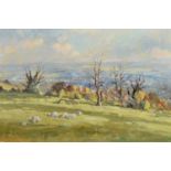 James Longueville P.S., R.B.S.A. (British 1942-) Rural scene with sheep grazing, oil.