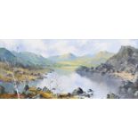 Charles Wyatt Warren (British 1908-1983) Snowdonia lake scene with silver birch trees, oil.