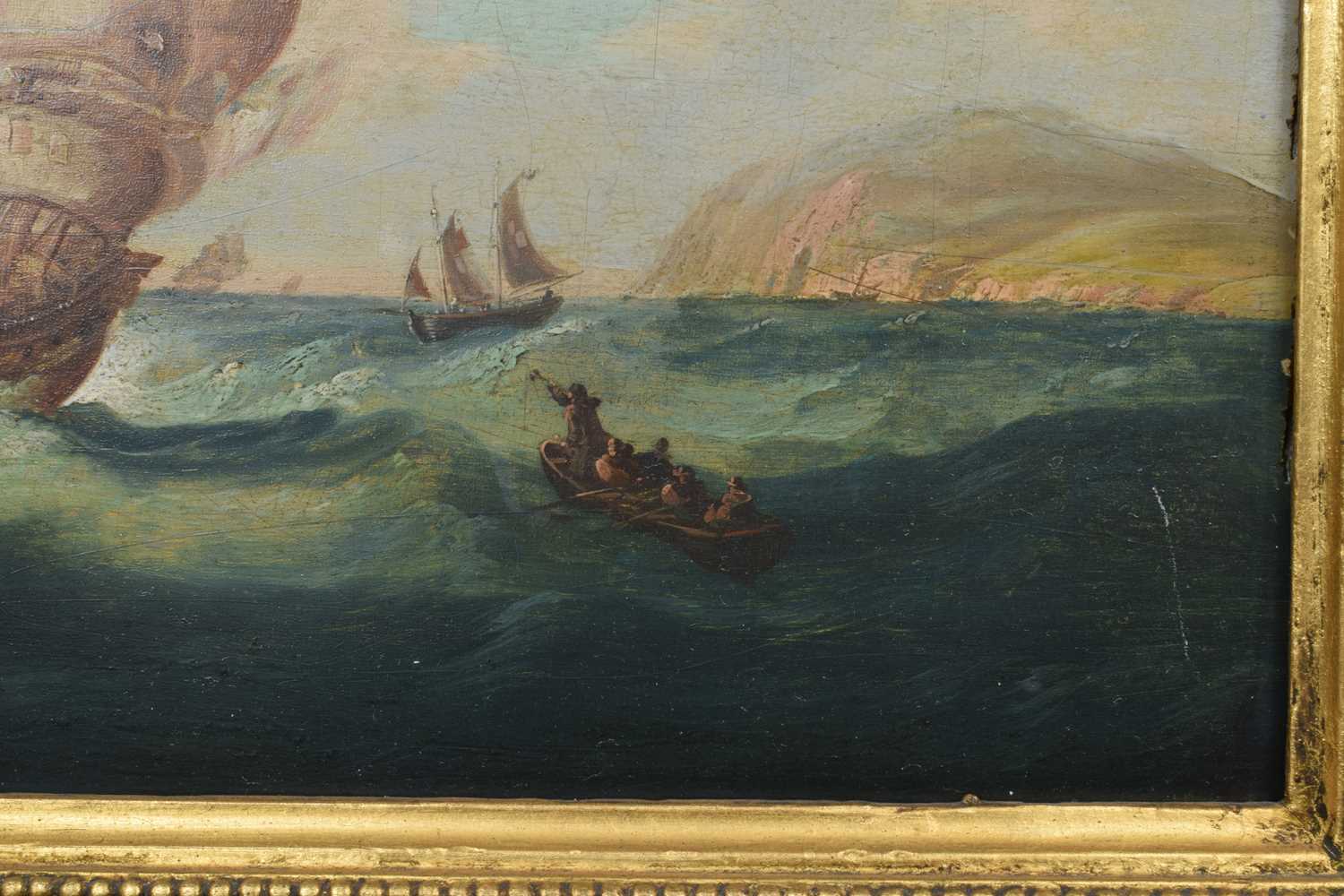 Circle of William Anderson (British 1757-1837) Numerous vessels in a squally sea, oil. - Image 4 of 7