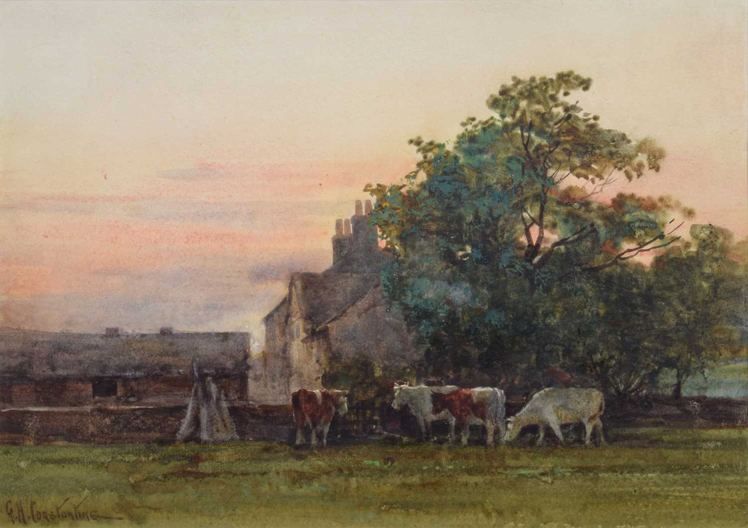 George Hamilton Constantine (British 1878-1967) Evening scene with a farmhouse and cattle