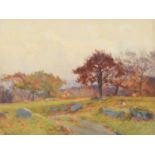 George Cockram R.I. (British 1861-1950) Rural autumnal view with figure and sheep, watercolour.