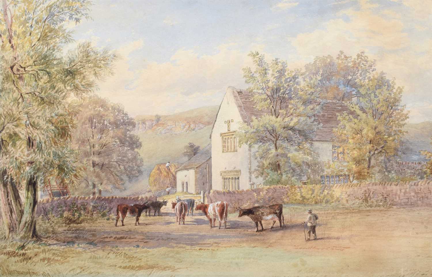 Ebenezer Alfred Warmington (1830-1903) Cattle before a country house, watercolour.