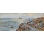 Joseph Hughes Clayton (exh. 1891-1929) Coastal scene with figures and sailing boats, watercolour.