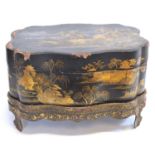 Late 19th century Chinese black lacquered sewing box on stand