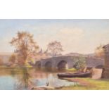 James Aitken (fl. 1880-1935) River scene with bridge and figures, watercolour.