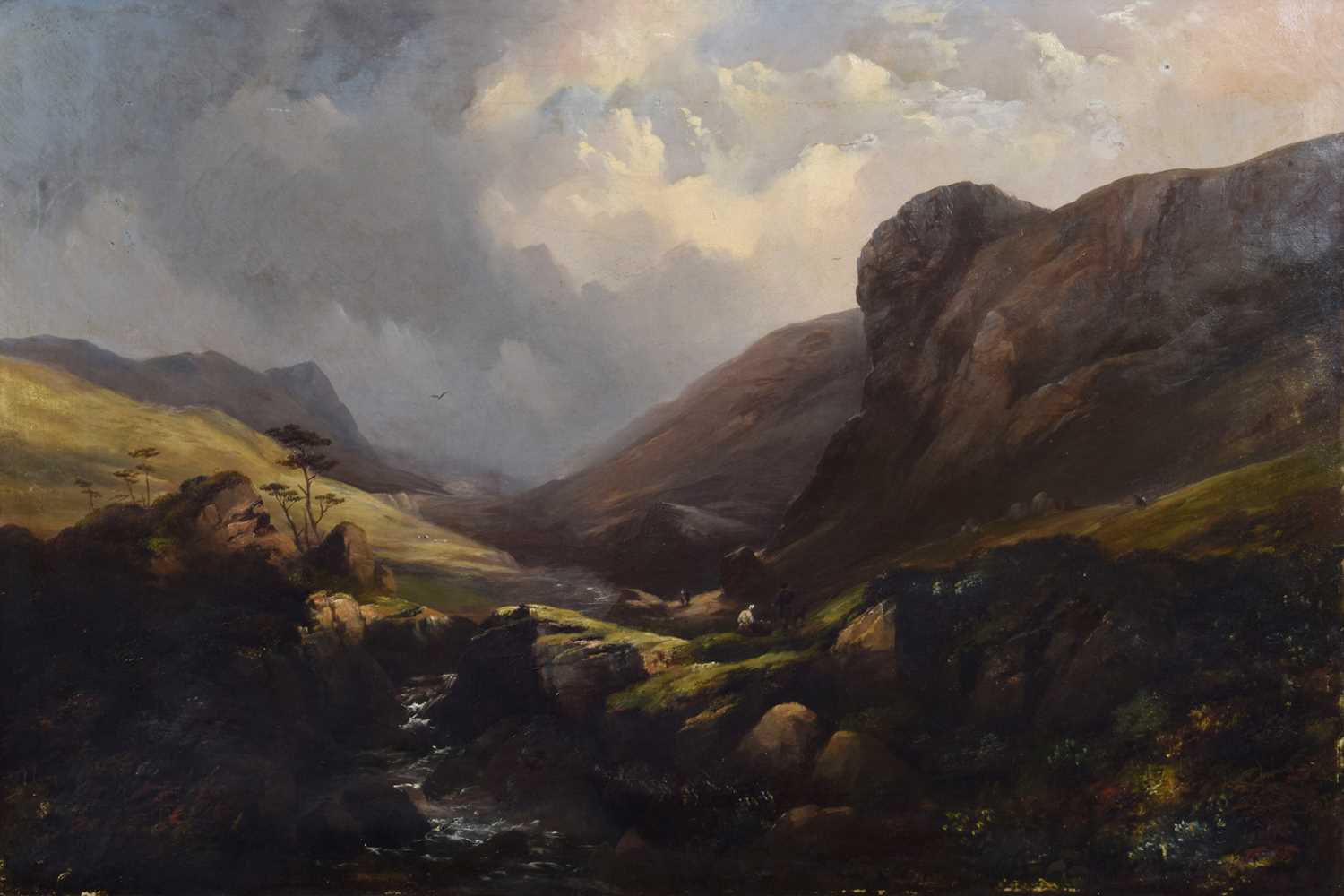 British School (19th century) Mountainous river scene with figures, oil.