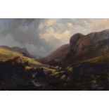 British School (19th century) Mountainous river scene with figures, oil.