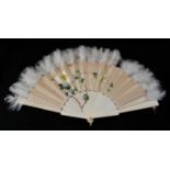 Bone fan with hand-painted and embroidered silk leaves