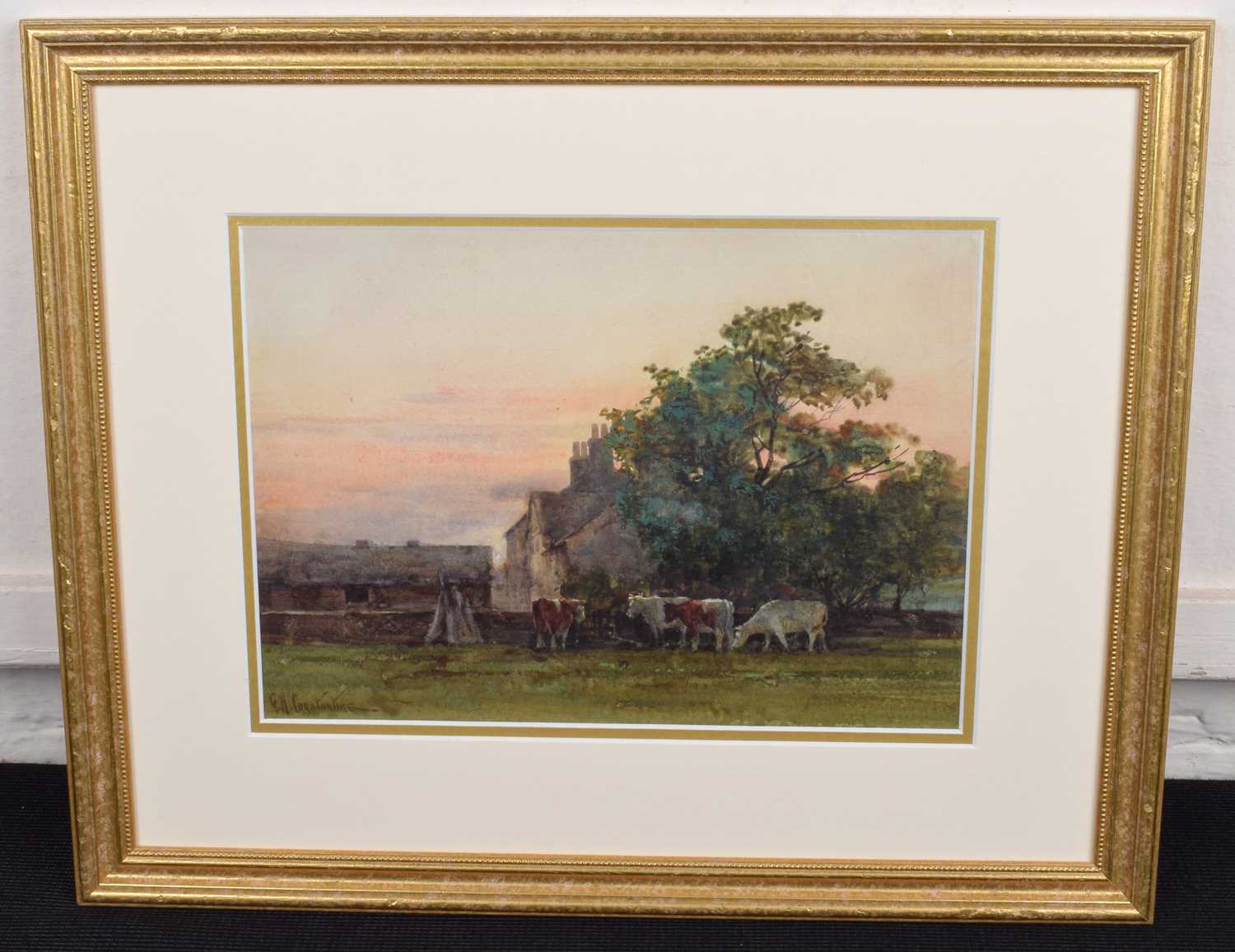 George Hamilton Constantine (British 1878-1967) Evening scene with a farmhouse and cattle - Image 2 of 2